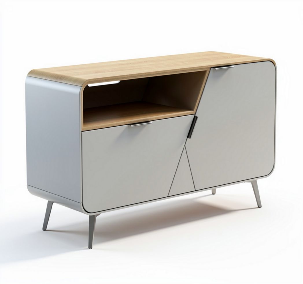 Buffet contemporain en mélamine et bois de chêne 120 x 40 x 80cm gris et naturel